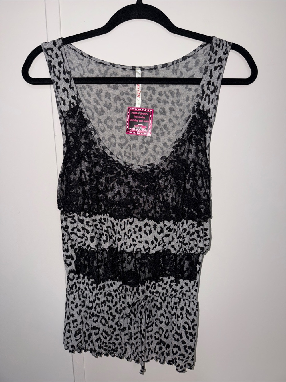 Women's Grey and Black Leopard Lace Tank Top
